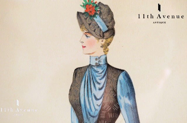 Paris-Toilette【フランス】ブルーu0026ダークグレードレスのファッションプレート　1880年代 - 西洋アンティーク 11th Avenue  | 銀座のアンティーク専門店