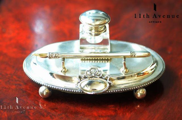 1896年 英国ヴィンテージ 純銀製 インク壺＆受け皿セット Sibray, Hallスターリングシルバーインク壺