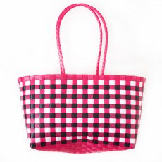ピンク 雑貨 マダガスカル プラカゴバッグ ギンガムチェック ピンク×ホワイト（縦22 横40 マチ14）