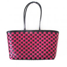 ピンク 雑貨 マダガスカル プラカゴ バッグ ギンガムチェック ブラック×ピンク （縦21 横38 マチ14）