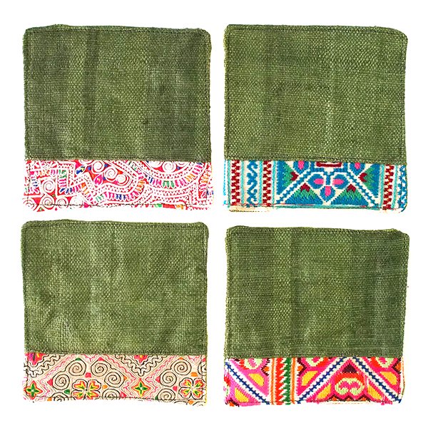 タイ 少数民族 刺繍 布 コースター（グリーン）