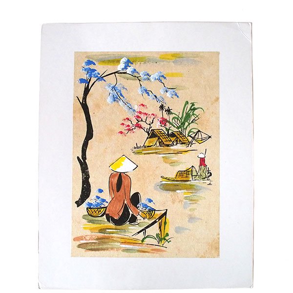 ベトナム 手描きの絵（座って川を眺める）