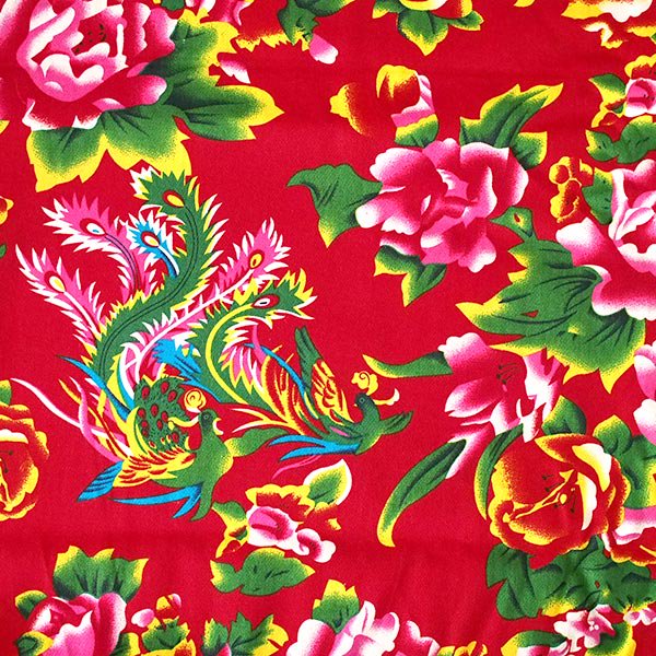 【1点のみ】ベトナム 鳳凰と牡丹 カットオフ レッド 幅約158／95cm オリエンタル 布【画像1】