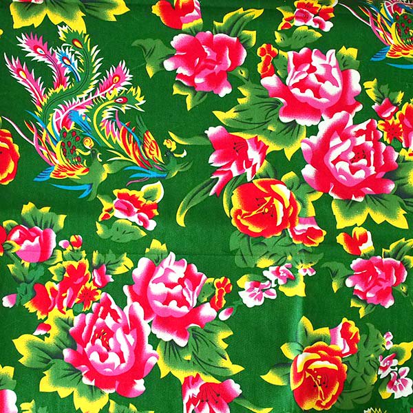 ベトナム 牡丹と鳳凰 柄 布 カットオフ  グリーン 幅約158 1m売り オリエンタル  布【画像1】