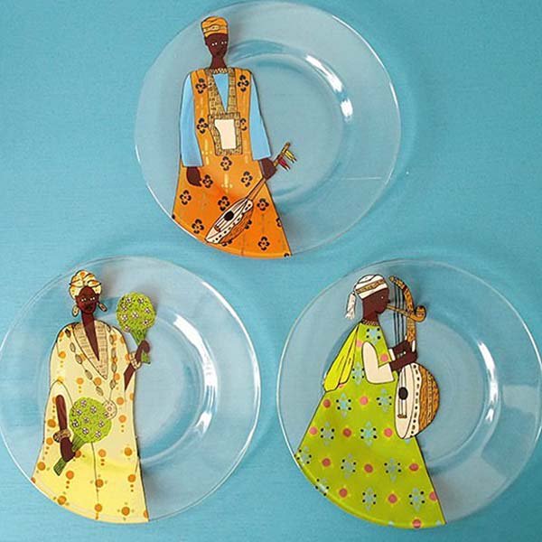 セネガル ハンドペイント ガラス 絵皿 スウェール 楽器 民族衣装