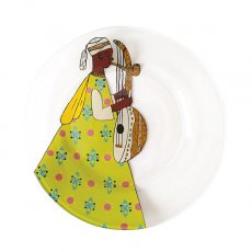 セネガル ガラス 絵皿 スウェール（楽器 民族衣装 キミドリ 直径 約19cm）