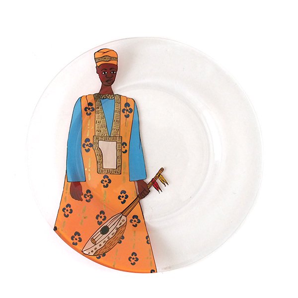 セネガル ハンドペイント ガラス 絵皿 スウェール 楽器 民族衣装