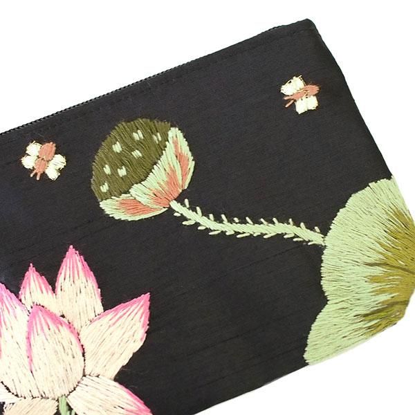 ベトナム 蓮の花（ロータス）刺繍 ポーチ（ビーズ付き ブラック）