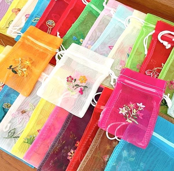 ベトナム 花刺繍 オーガンジー 巾着 ミニ 11×8