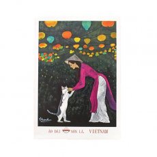 アジアのかわいい文具 ベトナム ポストカード（アオザイ女性とネコとランタン）