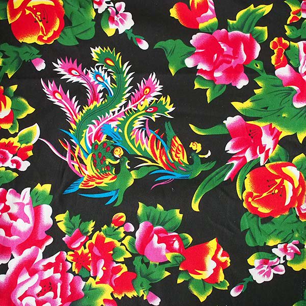 ベトナム 牡丹と鳳凰 柄 布 カットオフ ブラック 幅約158 1m売り オリエンタル  布【画像1】