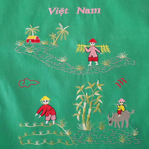 ベトナム 刺繍 巾着 大 水牛に乗る子供と田植えをする人 37×28