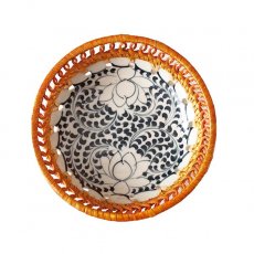 陶器 ベトナム バッチャン焼き ラタン編み 丸皿 ロータス 蓮の花 （直径約14cm）