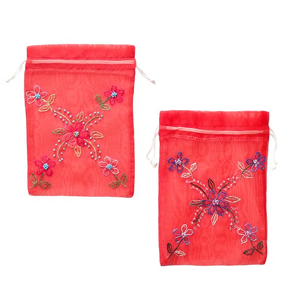 ベトナム オーガンジー 刺繍 巾着 中 花刺繍 M 19×14 