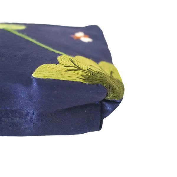 ベトナム 刺繍 ポーチ ロータス 蓮の花 ネイビー シルク 手刺繍【画像5】