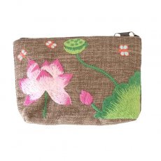 茶・ブラウン 雑貨 ベトナム ロータス 刺繍 ポーチ （ブラウン） 蓮の花 手刺繍  コットン× 麻  