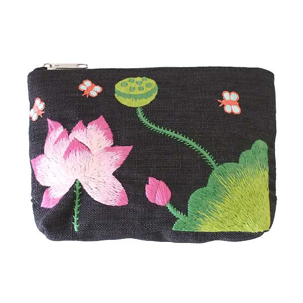 ベトナム ロータス 刺繍 ポーチ （ブラック×ピンク） 蓮の花 手刺繍  コットン× 麻  
