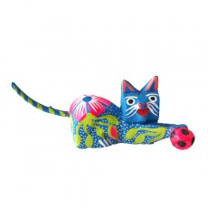 メキシコ 小物雑貨 メキシコ ウッドカービング アレブリヘス （ネコとサッカーボール  ブルー ） 