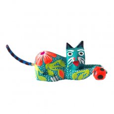 ネコ  猫 モチーフ 雑貨 メキシコ ウッドカービング アレブリヘス （ネコとサッカーボール  ブルーグリーン ） 