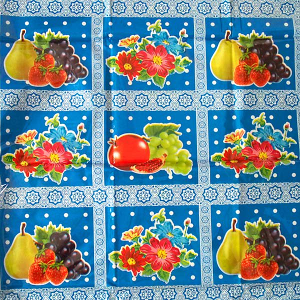 ベトナム  ビニールクロス  フルーツ 花 ブルー  約192×136cm レトロ ポップ アジアン食堂