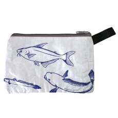ベトナム 飼料袋 リメイク ポーチ 魚 ブルー  （ビニールコーティングあり マチなし）