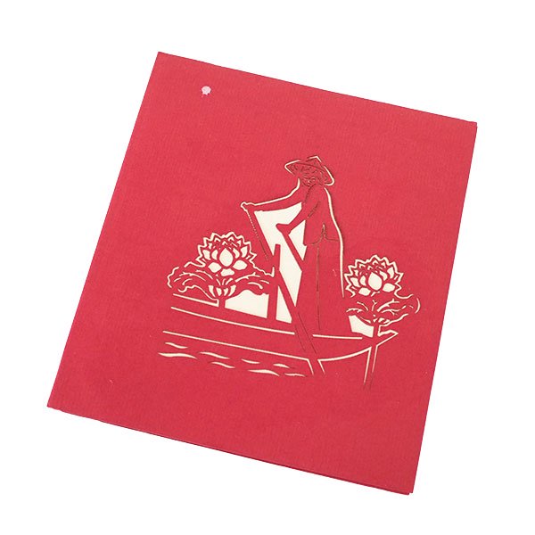ベトナム 切り絵 ポップアップカード（蓮の花と船 17×15）【画像4】