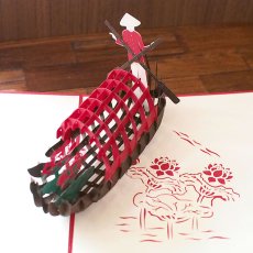 蓮雑貨 ベトナム 切り絵 ポップアップカード（蓮の花と船 17×15）