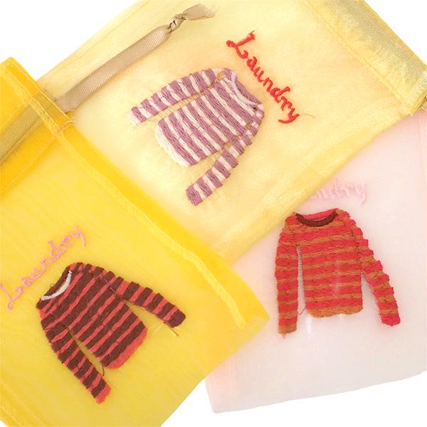 ベトナム オーガンジー 刺繍 巾着  Laundry ボーダーシャツ 小サイズ 15×11 お土産【画像2】