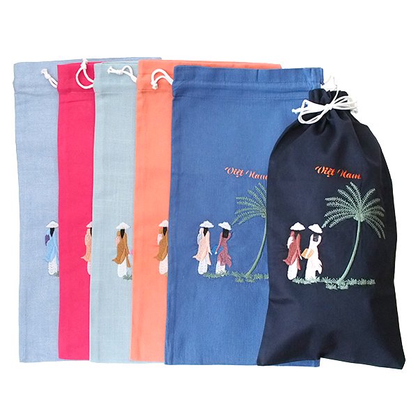 ベトナム アオザイ 刺繍 巾着 椰子の木  縦長サイズ 39×20 お土産【画像1】