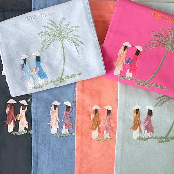 ベトナム 刺繍 巾着 縦長 アオザイ 椰子の木 39×20