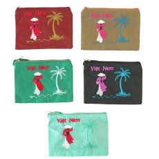 アオザイモチーフ雑貨 ベトナム  刺繍 ポーチ アオザイとヤシの木 A  長方形  9.5cm×13cm