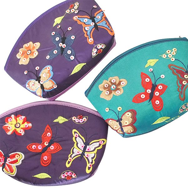 ベトナム 刺繍 ポーチ 蝶々と花 ビーズ （3色）13×20cm マチあり【画像3】