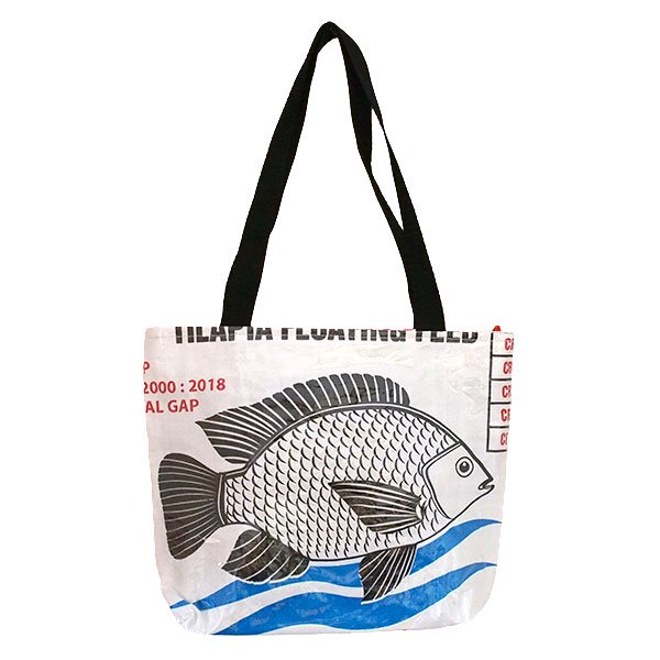 ベトナム 飼料袋 リメイク バッグ 魚 ブルー （肩掛けOK ビニールコーティング マチあり）【画像1】