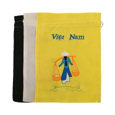  ベトナム 刺繍 巾着 中 アオザイと天秤棒 29×21