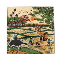 アオザイモチーフ雑貨 ベトナム  漆絵 水牛に乗る人 田植えをする人 ゴールド 15×15 伝統工芸 