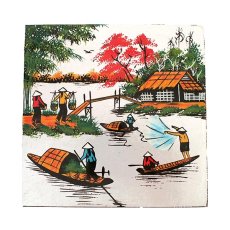 アオザイモチーフ雑貨 ベトナム  漆絵 船に乗りながら シルバー 15×15 伝統工芸 