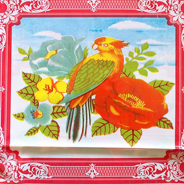 ベトナム  ビニールクロス  鳥と花・くだもの  レッド  約190×126cm レトロ ポップ アジアン食堂【画像2】
