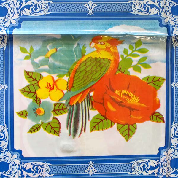 ベトナム  ビニールクロス  鳥と花・くだもの  ブルー  約190×126cm レトロ ポップ アジアン食堂【画像2】