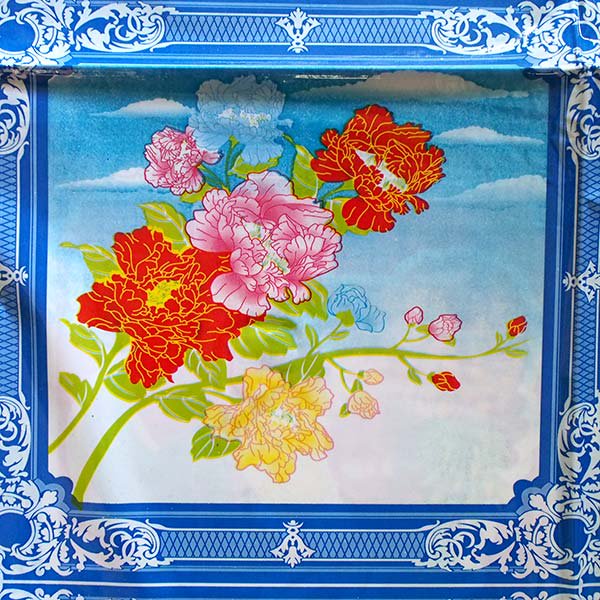 ベトナム  ビニールクロス  鳥と花・くだもの  ブルー  約190×126cm レトロ ポップ アジアン食堂【画像3】
