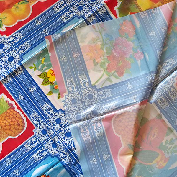 ベトナム  ビニールクロス  鳥と花・くだもの  ブルー  約190×126cm レトロ ポップ アジアン食堂【画像5】