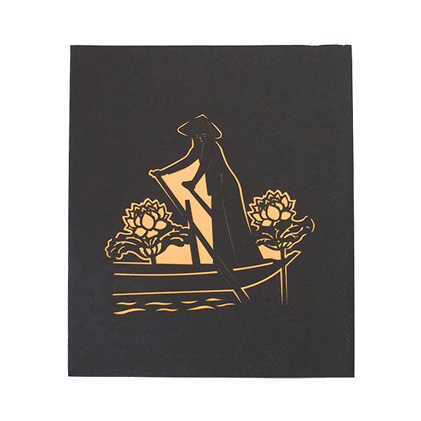 ベトナム 切り絵 ポップアップカード 蓮の花と船 （18×15）【画像5】