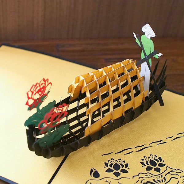 ベトナム 切り絵 ポップアップカード 蓮の花と船 （18×15）【画像6】