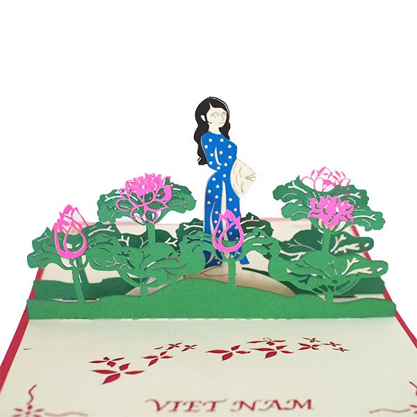 ベトナム 切り絵 ポップアップカード 蓮とアオザイ A（11×18）