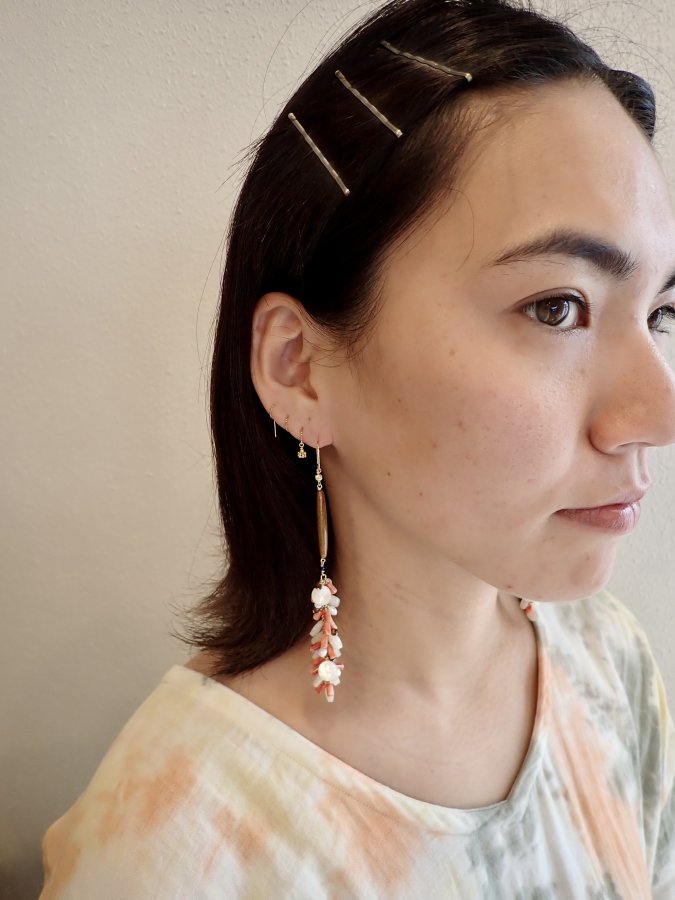 シェル × 金サンゴロングピアス- Handmade Jewelry - 宮古島