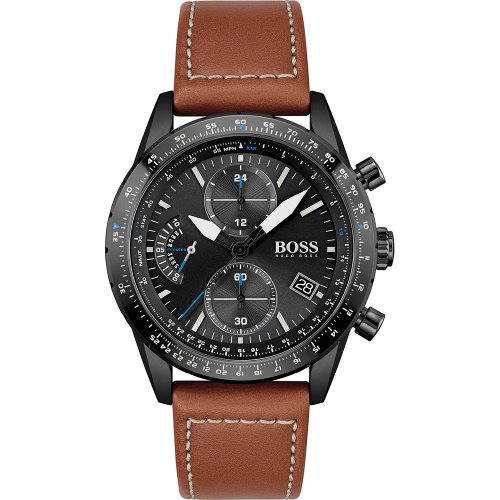 ヒューゴボス　時計　メンズ　パイロットエディションクロノ　1513851　ブラック×キャメルレザーベルト- 腕時計の通販ならワールドウォッチショップ