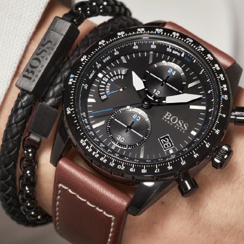 ヒューゴボス　時計　メンズ　パイロットエディションクロノ　1513851　ブラック×キャメルレザーベルト- 腕時計の通販ならワールドウォッチショップ