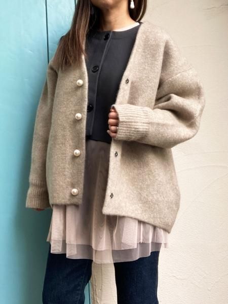 プープレ クルーネック カーディガン パールボタン ラクーン