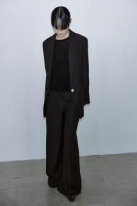 Pearl Button Wide-Leg Herringbone Pants