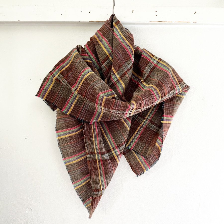 フランス製ヴィンテージ生地のコットン大判スカーフ（BROWN * Multicolor Check） - YLINUM Online Shop