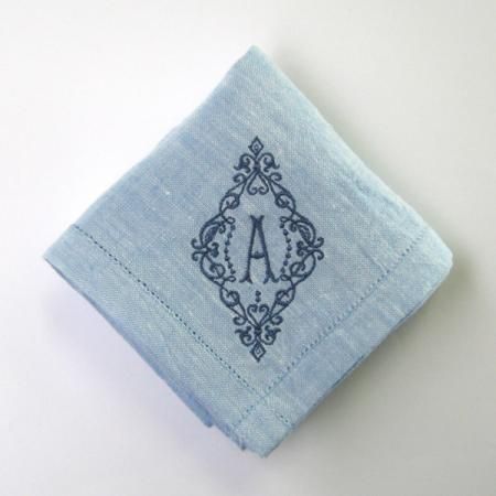 イニシャル刺繍リネンミニハンカチ L Blue Ylinum Online Shop